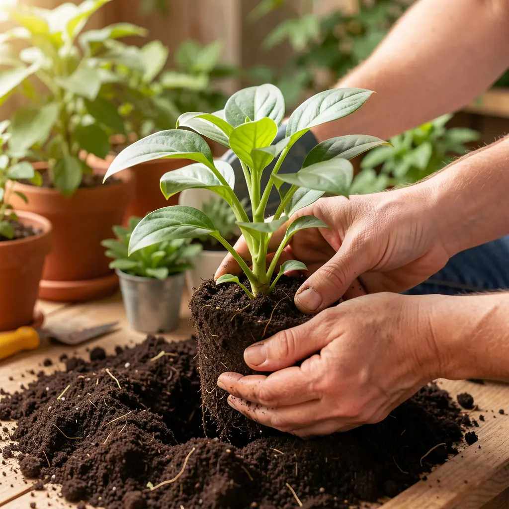Hands repotting a houseplant into fresh soil